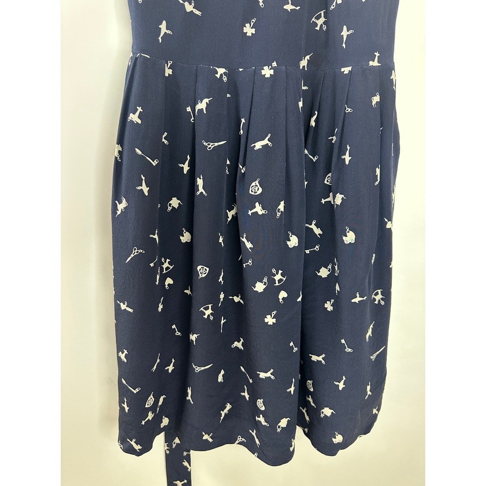 Rachel Riley Silk Dress Girls Size 7 Navy Toy Print Sleeveless Pleated Tie Waist - Picture 4 of 15
